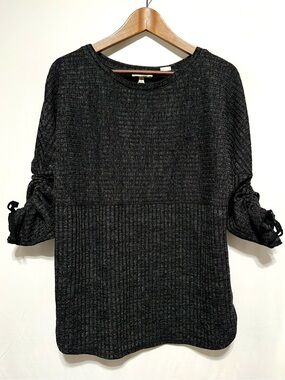 NWT Max Studio Black Grey Ribbed Knit Sweater Ruched Tie Sleeve L
